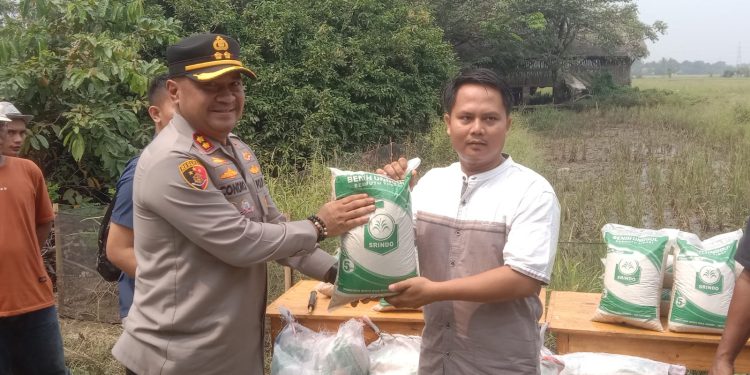 Kapolres Serang Berikan 300 Kg Bibit Padi dan Sembako Pada Petani Terdampak Banjir di Desa Koper
